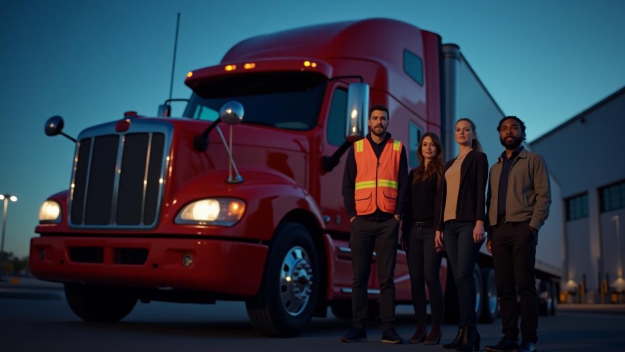 Turner Trucking professional team coordinating logistics in front of a modern heavy-duty truck