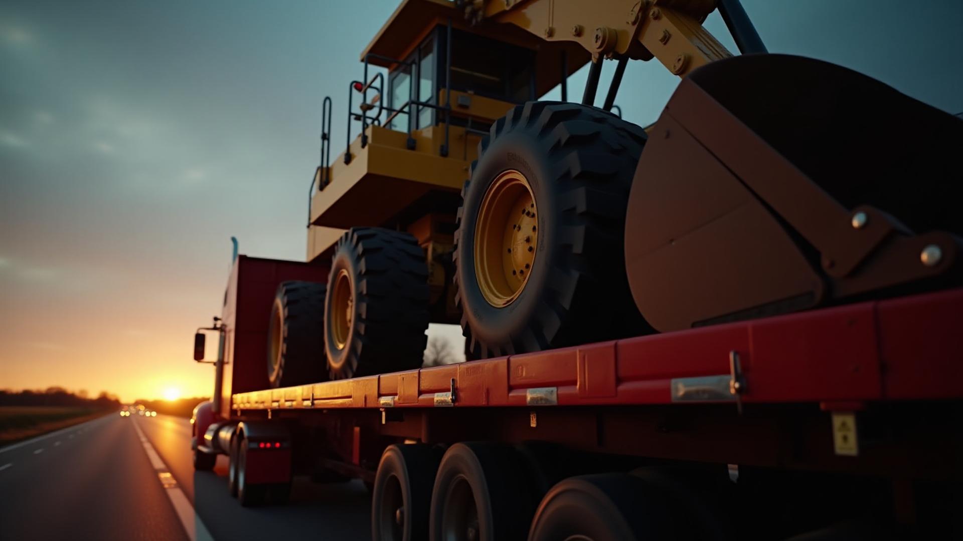 Turner Trucking heavy haul flatbed carrying construction machinery at dusk