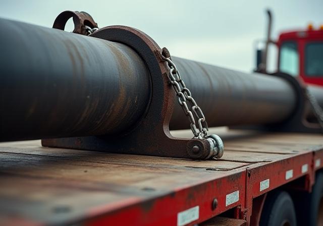 Close up of industrial load securement on a flatbed trailer