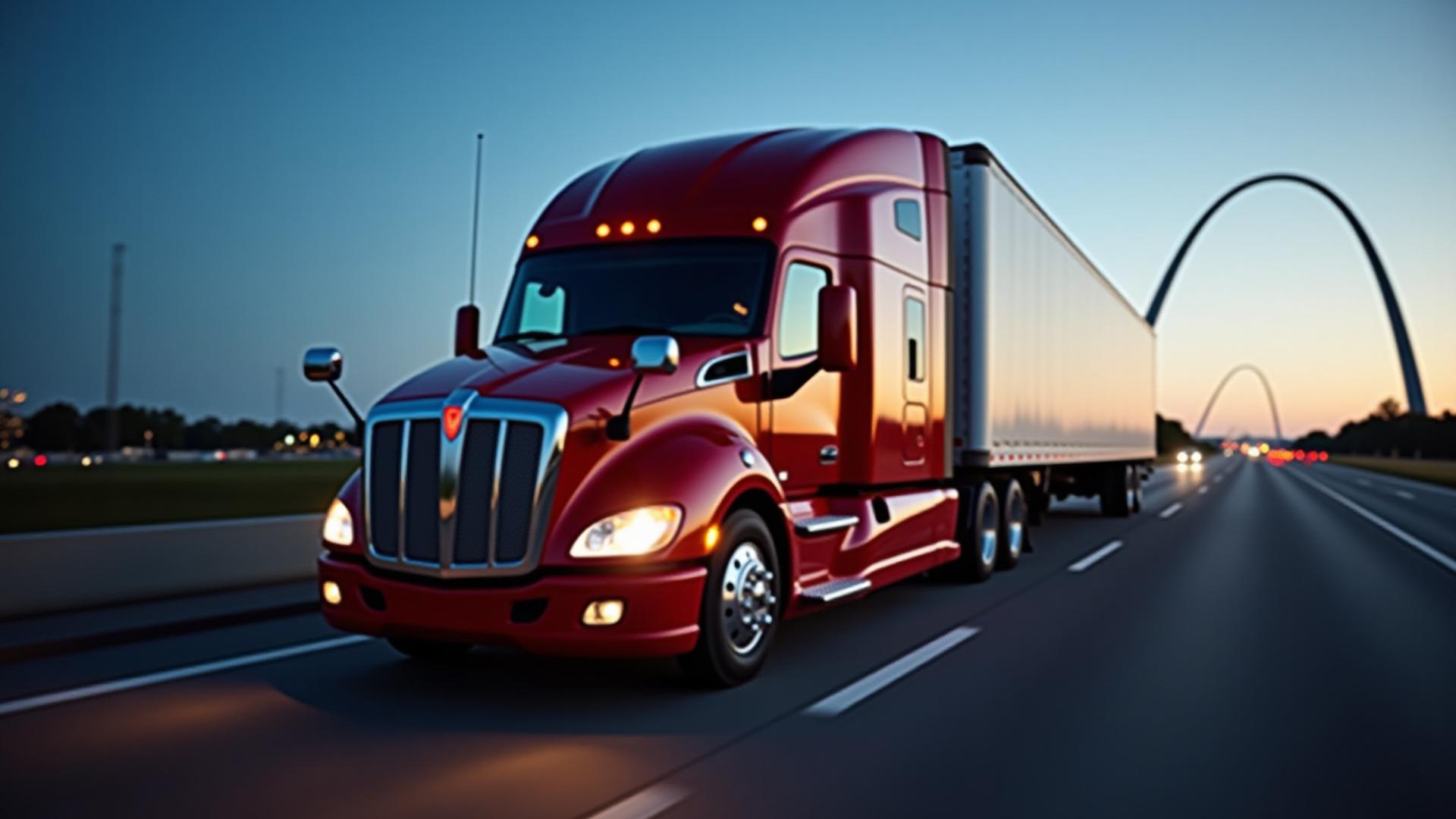 Turner heavy-duty truck moving through St. Louis industrial corridor at twilight